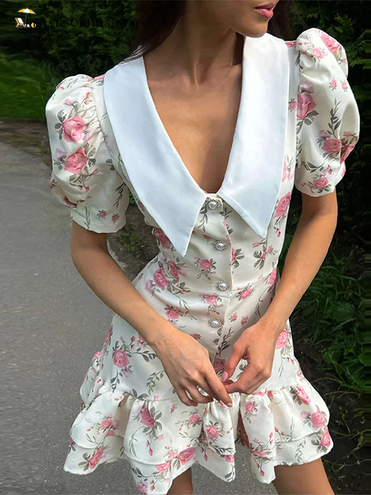 Mini abito con stampa casual Lady Summer Slim bottoni con risvolto Abiti a strati a trapezio Donna Manica corta Abito da vacanza Festa femminile Dolce