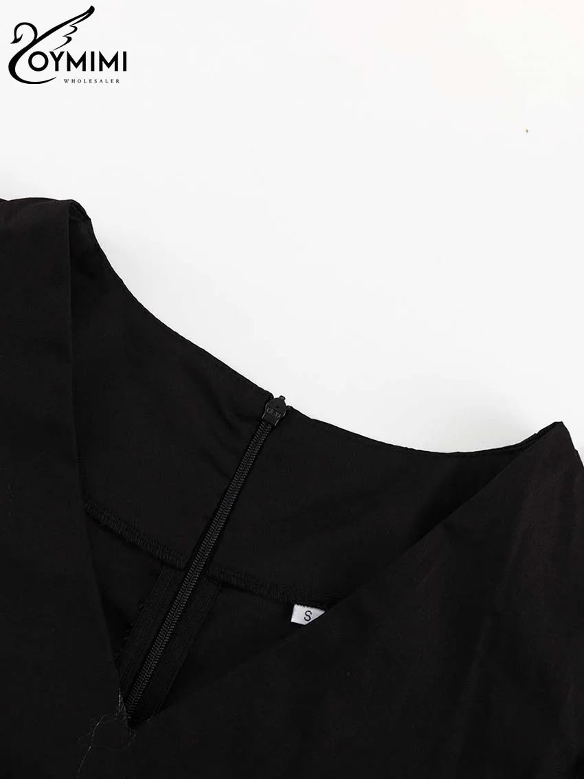 Oymimi Abito da donna casual in cotone bianco Elegante scollo a V Manica corta Abiti stringati Mini abiti a pieghe a vita alta
