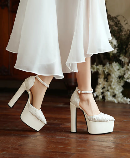 Sandali a punta neri con cinturino alla caviglia sexy per le donne Piattaforma estiva 15CM Scarpe eleganti da festa con paillettes lucide Tacchi alti vuoti laterali neri