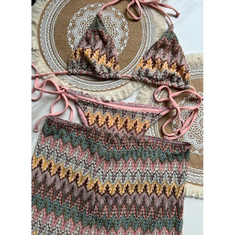 Costume da bagno estivo da donna nuovo, bikini lavorato a maglia in 3 pezzi con costumi da bagno con copertura avvolgente e scollo all'americana per le vacanze al mare