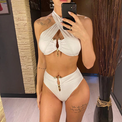 Bikini a vita alta con cut-out e allacciatura al collo da donna 2026 - Set due pezzi imbottito V6256
