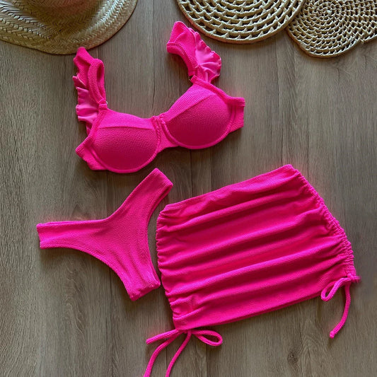 Costume da bagno a vita bassa in tessuto ondulato solido copricostume per donna costume da bagno Push Up con volant a tre pezzi 2023 costumi da bagno da spiaggia