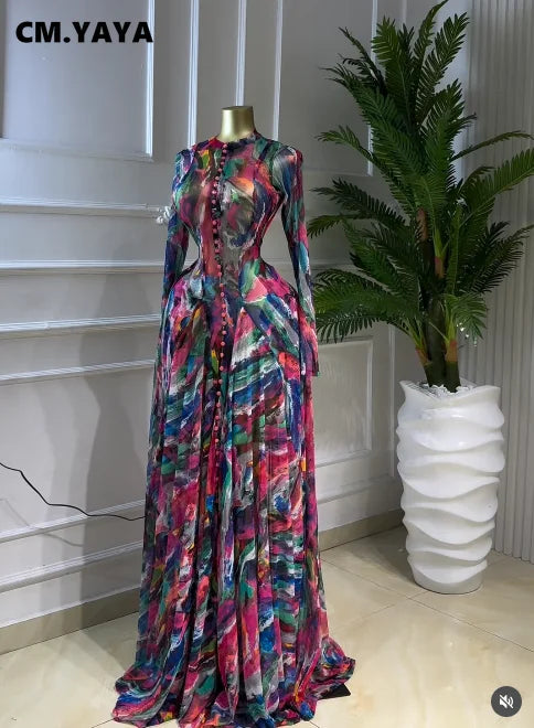 CM.YAYA Donne O-Collo Manica Lunga Grande Swing Tie Dye Stampa Abito Lungo 2026 Feste Sexy Vacanze Da Sera Maxi Abiti Abiti