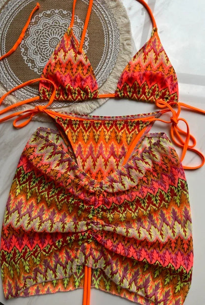 Costume da bagno donna Gonna bikini lavorata a maglia con foglie d'acero colorate Set tre pezzi Costume da bagno diviso Bikini