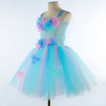 Costumi da fata dei fiori turchese per ragazze Abiti da principessa fata farfalla con ali Bacchetta per bambini Vestito da tutù di carnevale di Halloween
