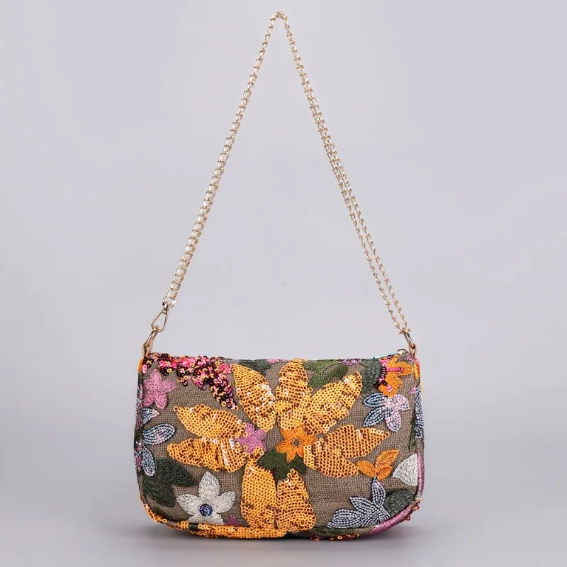 Borse a tracolla da donna con ricamo floreale carino Catene con paillettes alla moda Borsa a tracolla Borsa da spiaggia casual estiva Borsa e portamonete Hobos