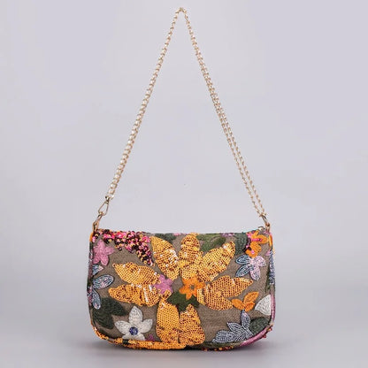 Borse a tracolla da donna con ricamo floreale carino Catene con paillettes alla moda Borsa a tracolla Borsa da spiaggia casual estiva Borsa e portamonete Hobos