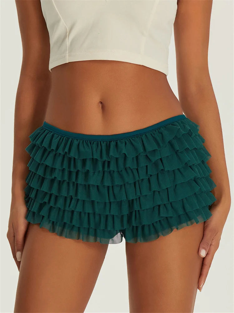 Pantaloncini da donna Pantaloni corti a strati con volant in chiffon tinta unita Vita elastica Bloomers casual Pantaloncini caldi sexy Abbigliamento da casa