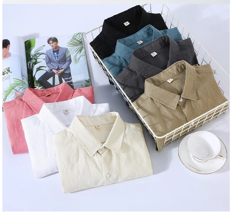 Camicia a maniche lunghe in lino 100% per uomo Primavera Autunno Moda Buona qualità Tinta unita Sottile e traspirante Camicetta con risvolto sano Top maschile