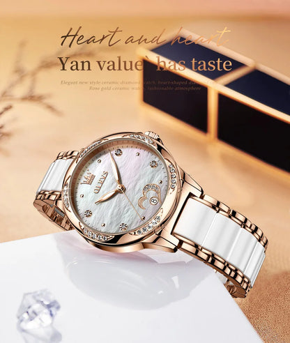 OLEVS 6631 Orologi automatici da donna Eleganti orologi da polso meccanici da donna impermeabili con cinturino in ceramica color oro rosa e lunetta con diamanti