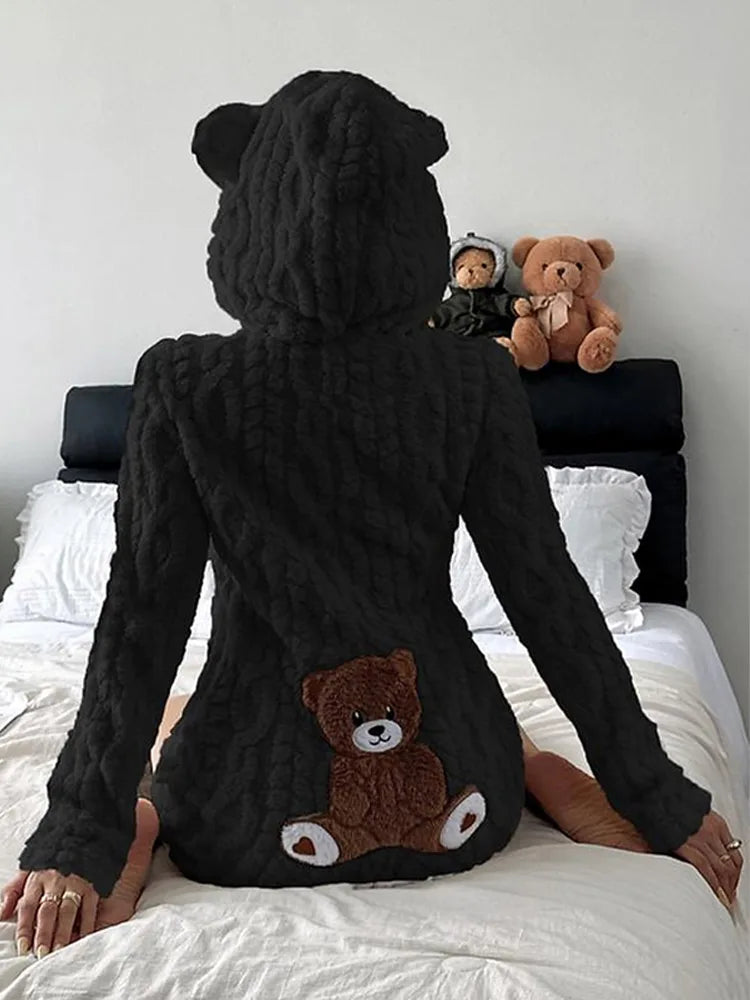 Tuta Corta Calda con Motivo Orsetto Cartoon Trendy, in Peluche e Flanella con Cappuccio, per Donna, Nuova Collezione Autunno Inverno, Outfit Comodo