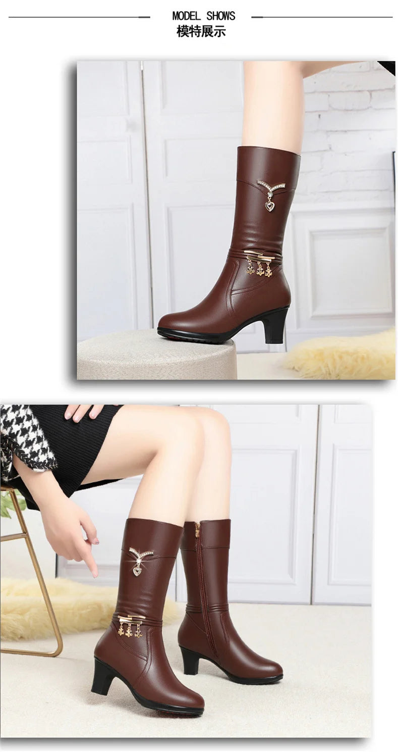 Women Comfortable Fleece Medium Boots Autumn Winter New Style Thick Heel Side Zipper Pointed Fashion High Heels Boots