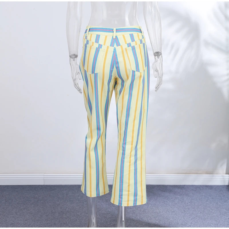 Jeans da Donna a Righe Stile Street Fashion con Cerniera, Bottone e Tasche, Gamba Larga, Pantaloni in Denim Chic Primavera Estate 2026