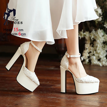 Sandali a punta neri con cinturino alla caviglia sexy per le donne Piattaforma estiva 15CM Scarpe eleganti da festa con paillettes lucide Tacchi alti vuoti laterali neri