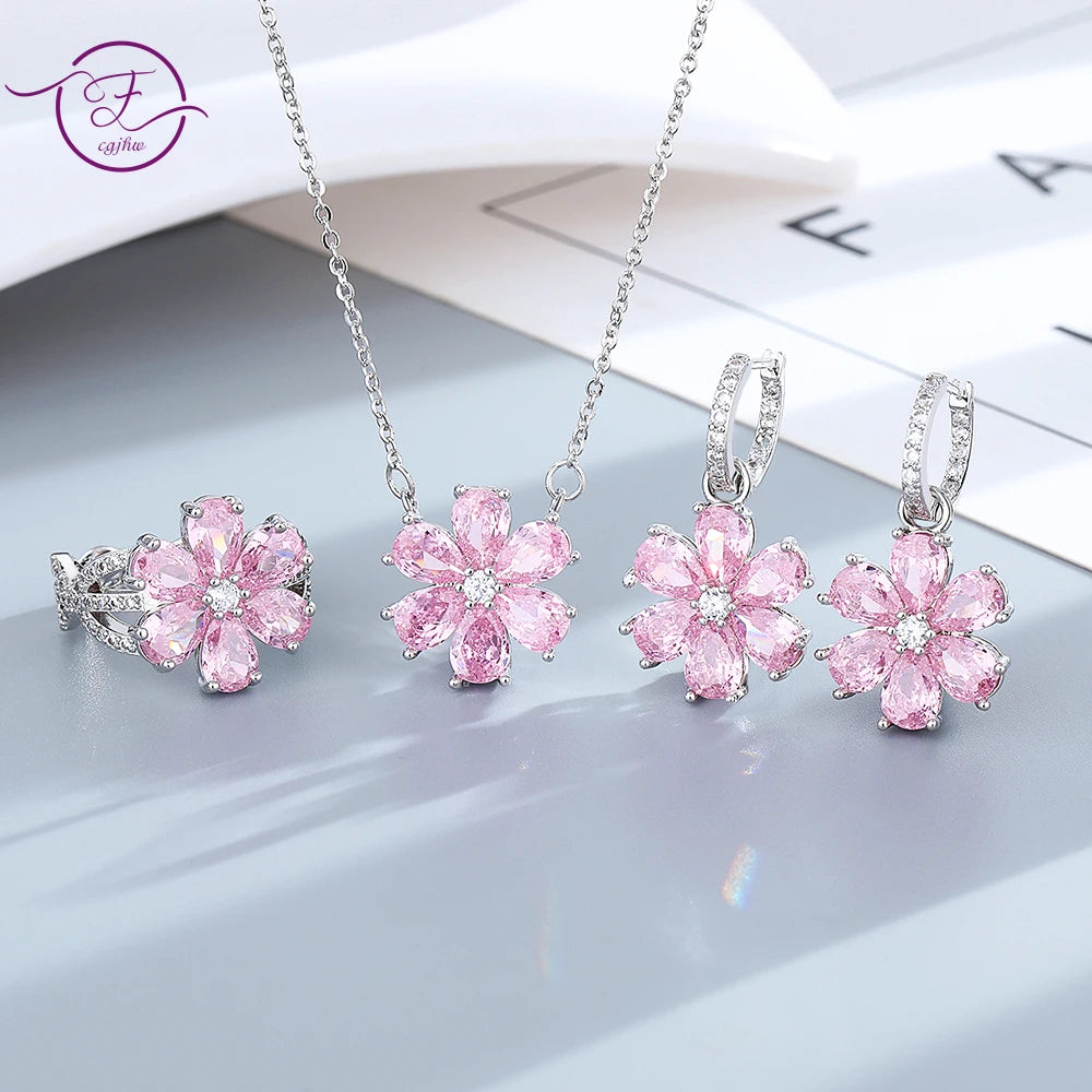 Parure de bijoux pour femmes bague de mariage à la mode zirconium rose cristal fleur pendentif bracelets boucles d'oreilles colliers bagues FCGJHW