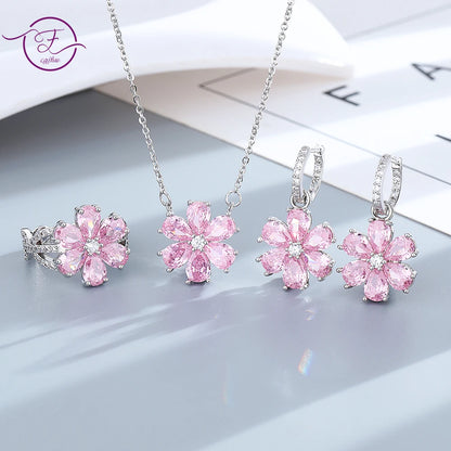 Parure de bijoux pour femmes bague de mariage à la mode zirconium rose cristal fleur pendentif bracelets boucles d'oreilles colliers bagues FCGJHW