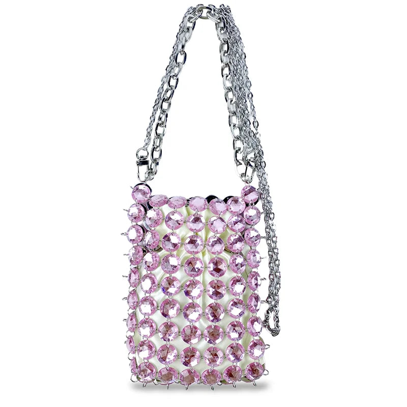 24 estate nuova borsa di cristallo tessuta a mano color caramella di nicchia, borsa di perline di fata retrò, borsa per telefono a croce diagonale trasparente