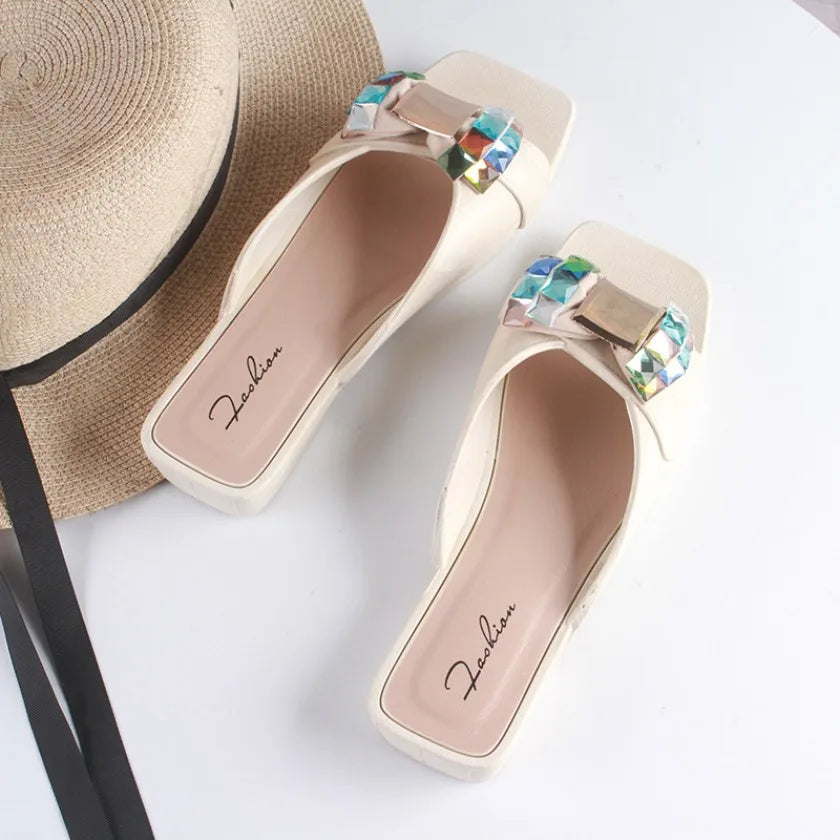 Claques d'été une pièce, nouvelles sandales de plage tendance à strass de couleur unie, chaussures plates décontractées pour femmes