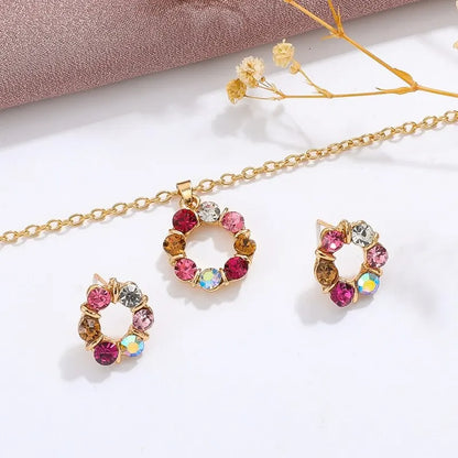 Set di orecchini con collana in oro da 3 pezzi, celebrità da donna, stile semplice e alla moda, squisiti gioielli a forma di cerchio con diamanti in vetro colorato