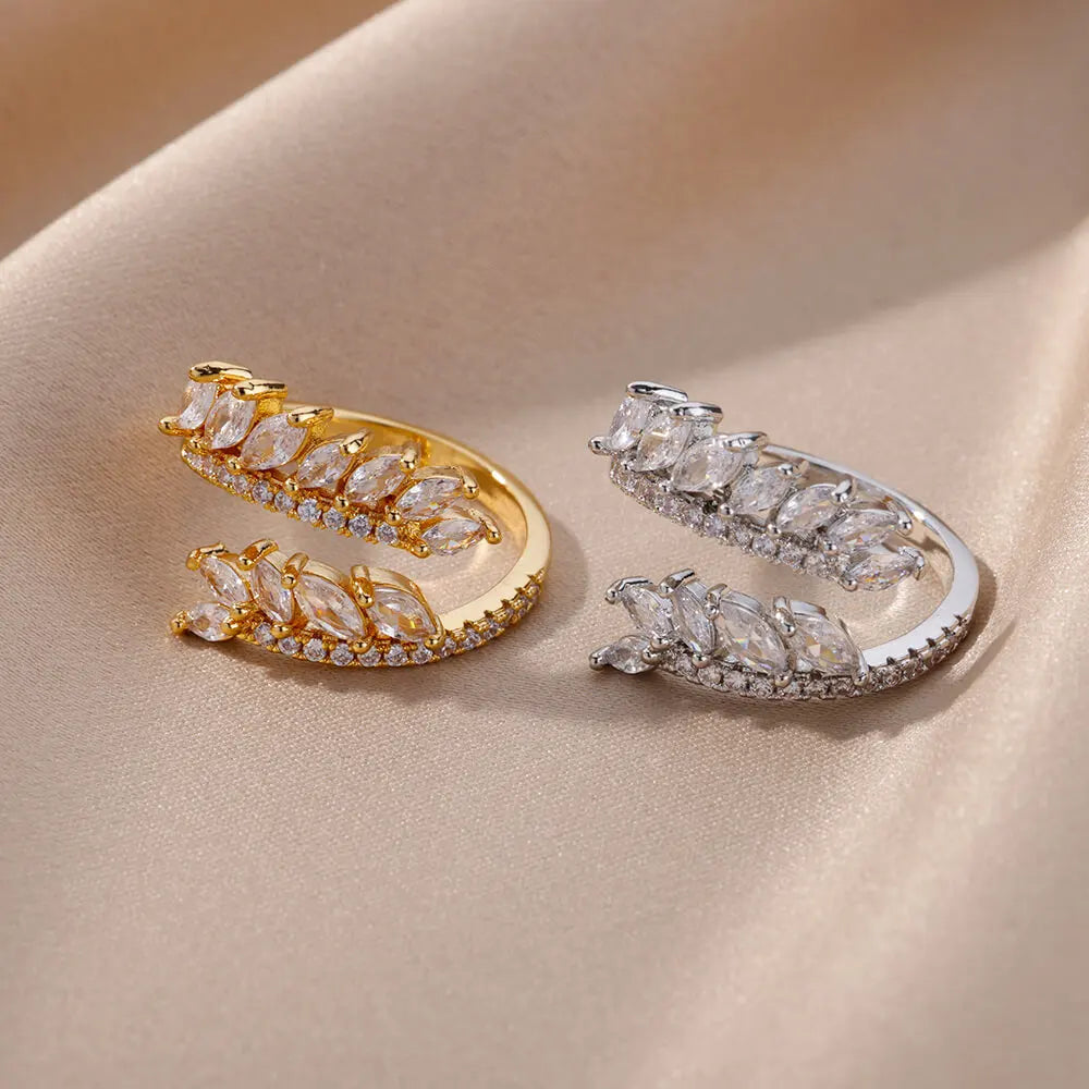 Anelli a foglia a doppio strato con zirconi di lusso per le donne Anello in acciaio inossidabile color oro Boho Coppia gioielli Accessori anelli mujer