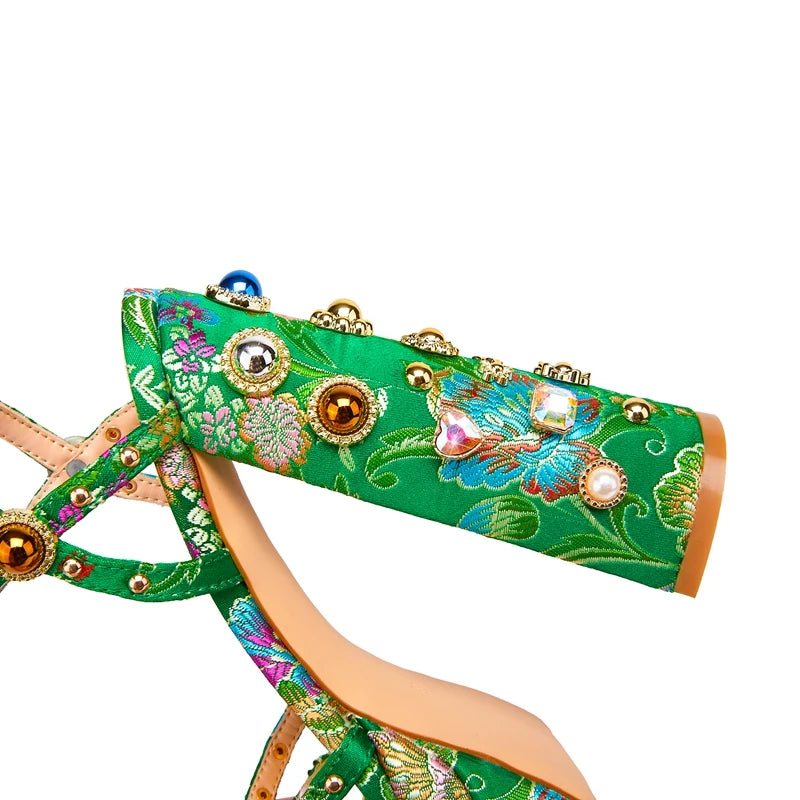 Neue Damen Sommer Plateau Sandalen wasserdicht dicker Boden Wasser Diamant Perle Niete Blume Satin offene Spitze High Heels groß