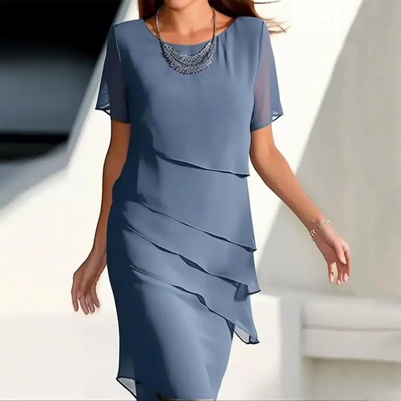 Abito da donna sottile con volant irregolare al ginocchio Abito da festa sottile estivo femminile in chiffon patchwork Abiti a maniche corte JYFS-1096
