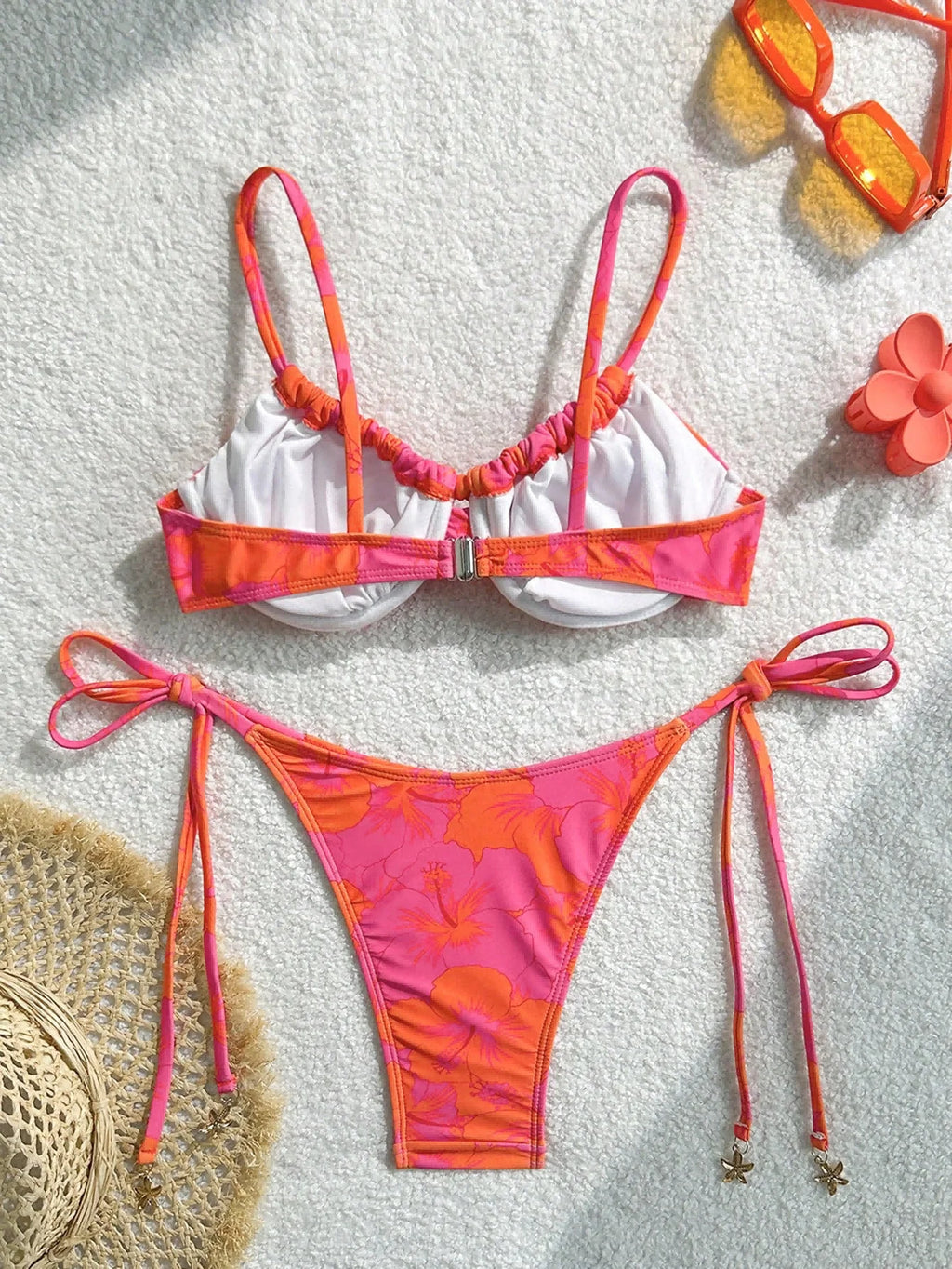 Orange Pink Hibiscus Print Underwire Push Up Bikini Set Tie Side High Cut Starfish Charm 2 Piece Swimsuit Women Summer Beachwear