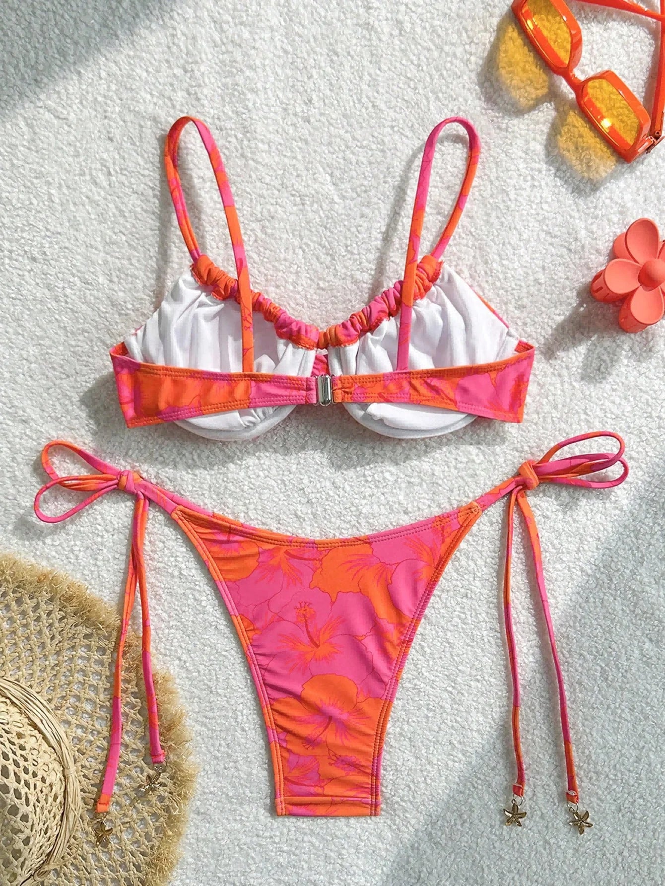 Orange Pink Hibiscus Print Underwire Push Up Bikini Set Tie Side High Cut Starfish Charm 2 Piece Swimsuit Women Summer Beachwear