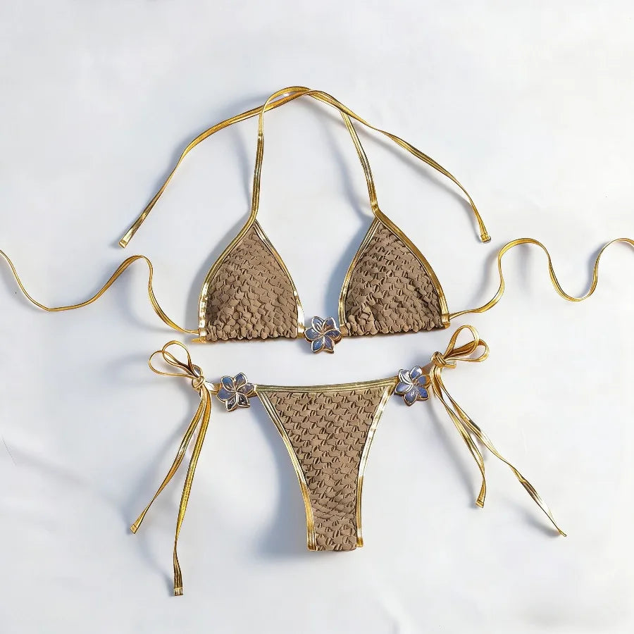 Nouvel ensemble de bikini sexy pour femmes avec bords, maillot de bain style occidental avec liens latéraux, anneaux en métal, bandeau réglable, deux pièces