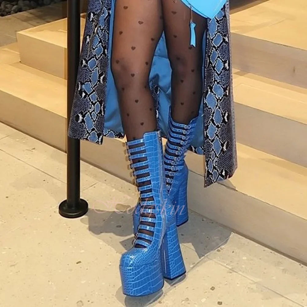 Dark Blue Thick Sole Boots Sandals Round Toe Platform Chunky High Heels Solid Buckles Straps Mid Calf Sexy Women Summer Shoes