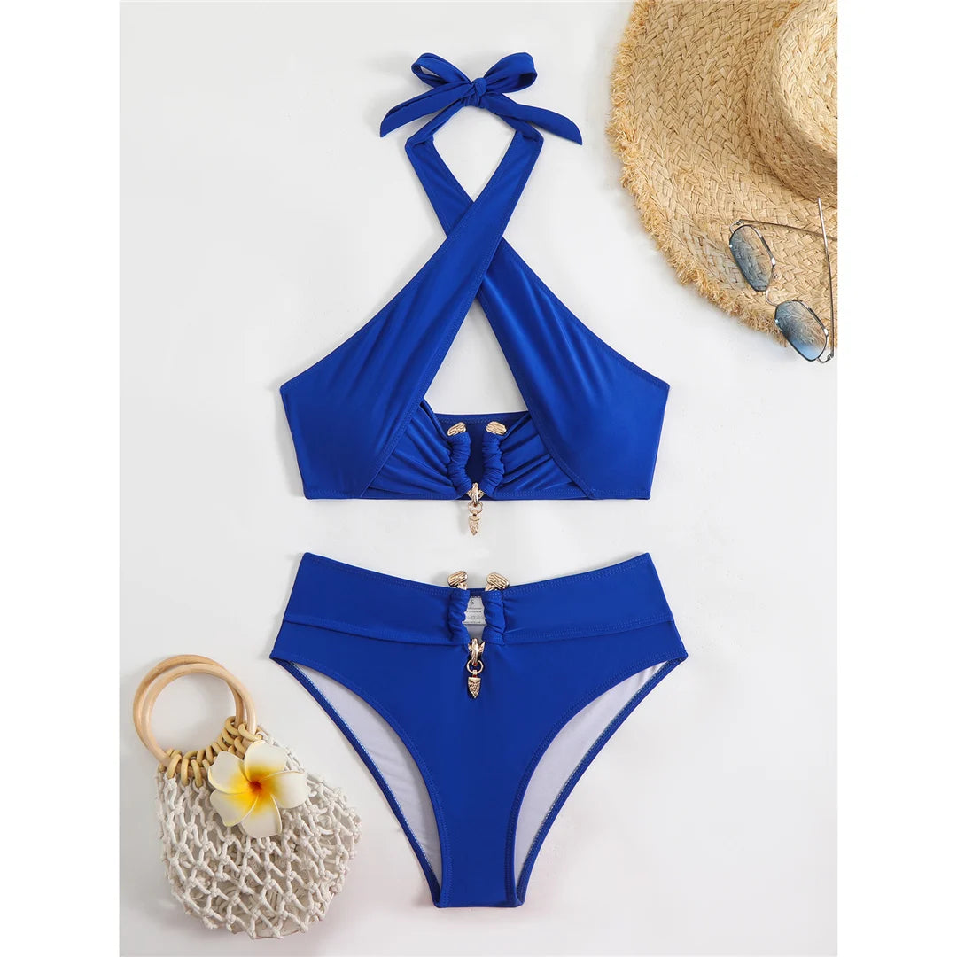 Bikini a vita alta con cut-out e allacciatura al collo da donna 2026 - Set due pezzi imbottito V6256