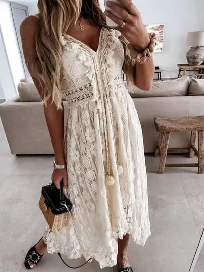 Abito lungo da donna senza maniche in pizzo sexy per le vacanze al mare alla moda estiva con scollo a V scava fuori abiti eleganti larghi