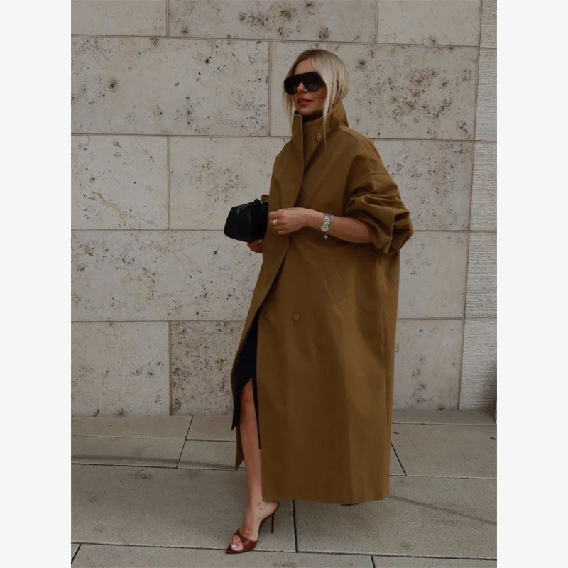 Elegante giacca a vento lunga con risvolto pieghettato verde da donna manica lunga con scollo a V cintura con lacci giacca ampia Lady High Street capispalla quotidiano