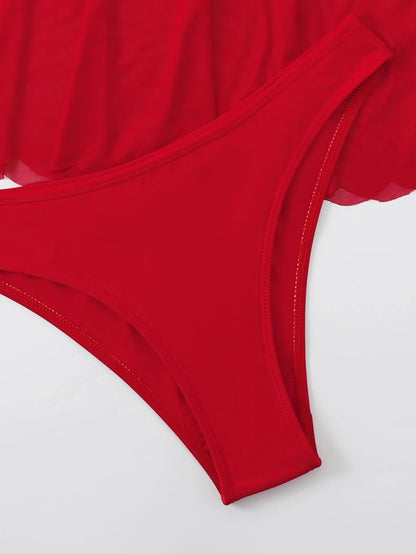 Costume da bagno rosso 2026 da donna, sexy, a vita alta, con gonna, bikini a tre pezzi, con volant, fascia per il petto, per l'estate e la spiaggia
