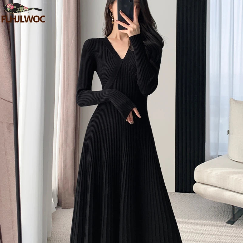 Inverno primavera abbigliamento di base donna capodanno rosso stile francese Design Slim Fit una linea scollo A V maglione lavorato A maglia abito lungo Maxi abiti