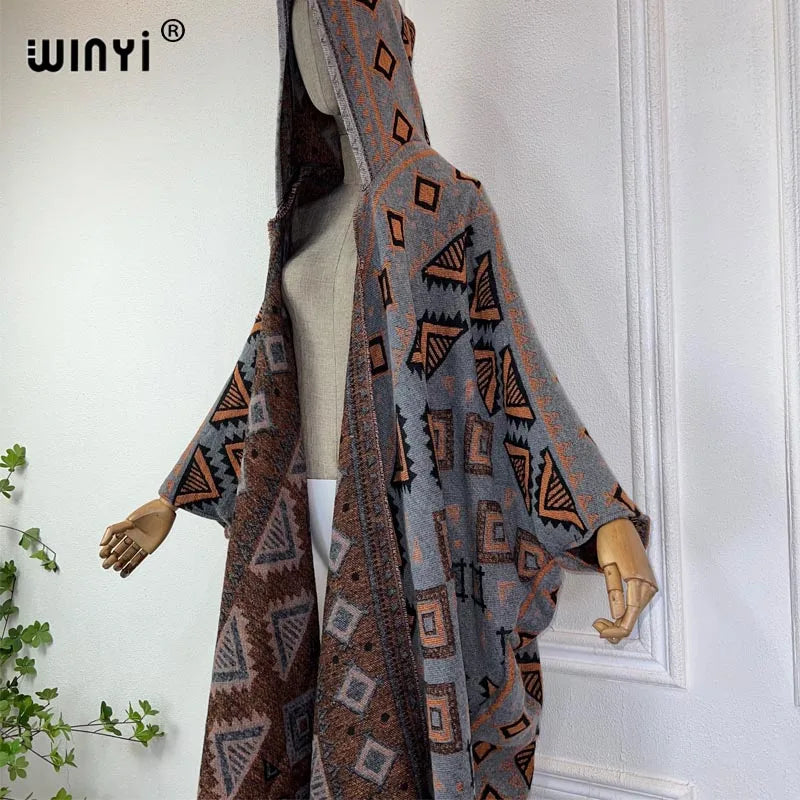 WINYI Winter cardigan outfit donna boho holiday dress stampa spessa calda femminile kaftan maxi dress Hooded mop coat fashion Abaya