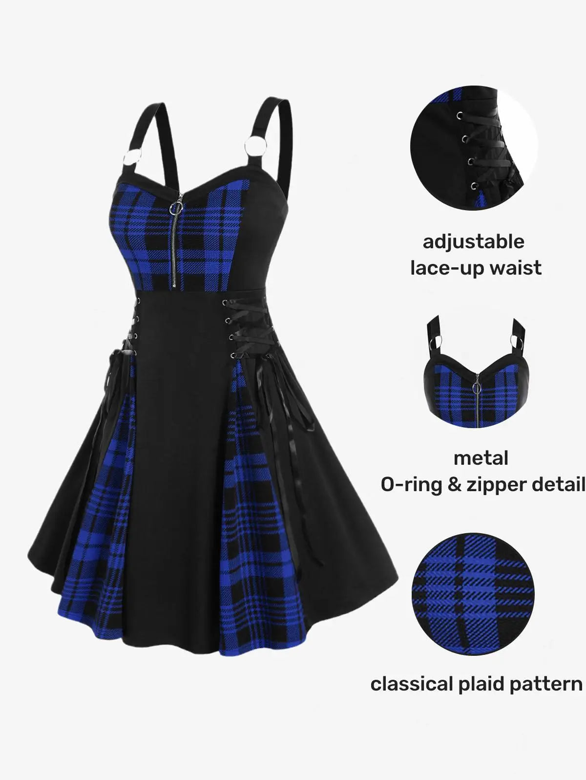 Abito casual da donna taglie forti, modello svasato con lacci, stampa a quadri colorblock, mezza cerniera e patchwork