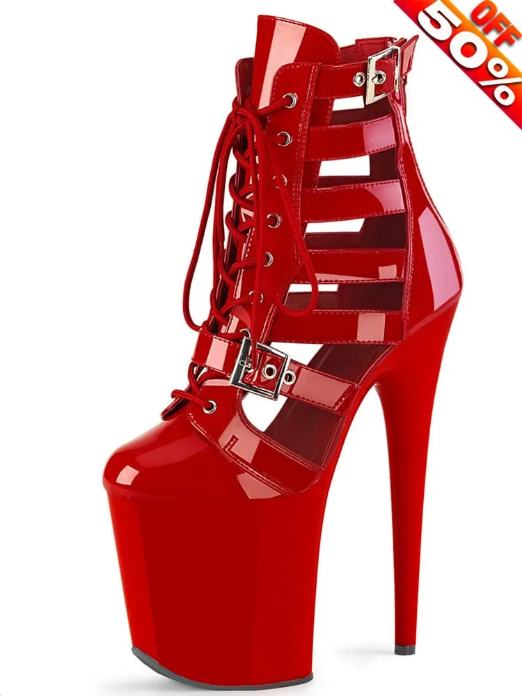 8inch Gladiator Women Ankle Boots 17cm Exotic Thin Heels 20cm Platform Sexy Fetish Shoes Pole Dance Roman Stripper Round Toe
