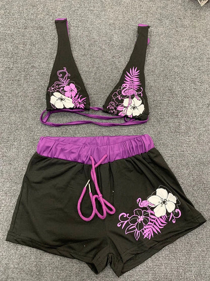 Summer Beach Ins Fashion Hot Sexy Ladies Split Two Piece Bikini Beautiful Vintage Contrast Flower Print Suspender Bra Shorts Set