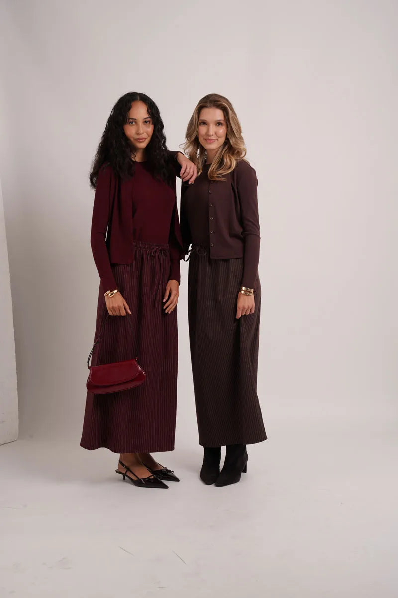 Collezione AW26 Pinstripe abbigliamento donna: cardigan a coste + gilet ricamato + abito sottoveste a righe sottili + gonna a righe sottili