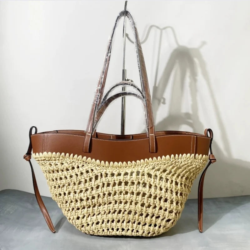 Borsa da donna in paglia intrecciata 2in1 Borsa da ascella in paglia con tracolla regolabile Borsa a tracolla per gnocchi di grande capacità per borsa a secchiello da spiaggia estiva
