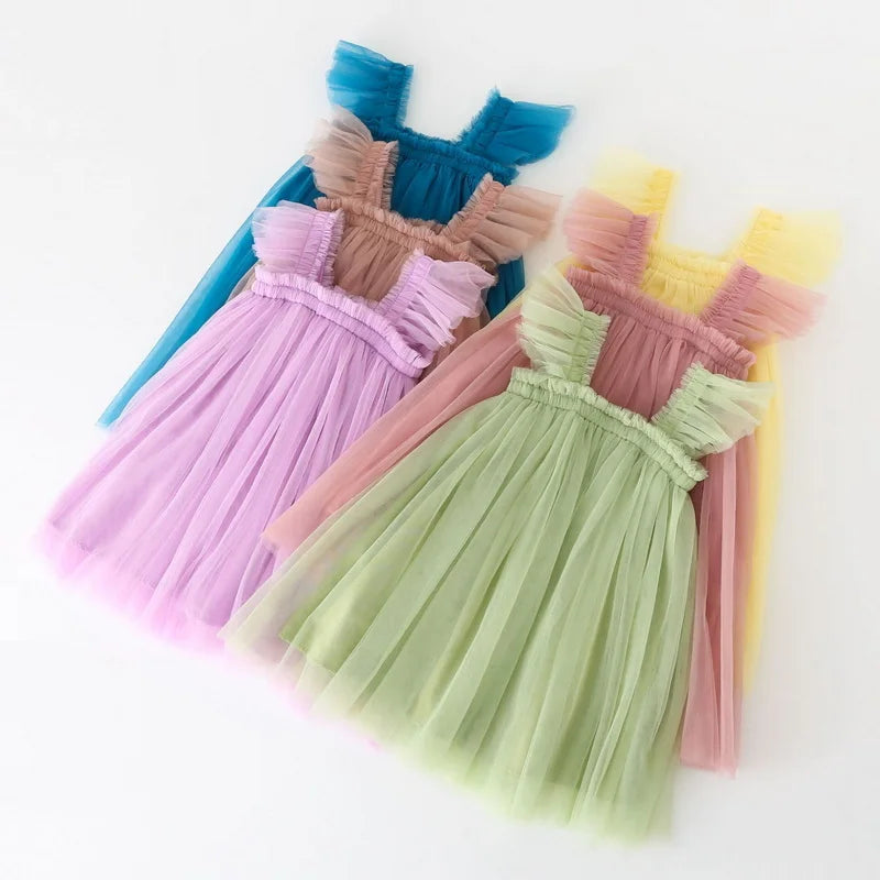 Nuova estate bambini ragazza vestito fionda senza maniche colletto quadrato tinta unita maglia principessa abiti da spiaggia bambino abbigliamento casual E2200
