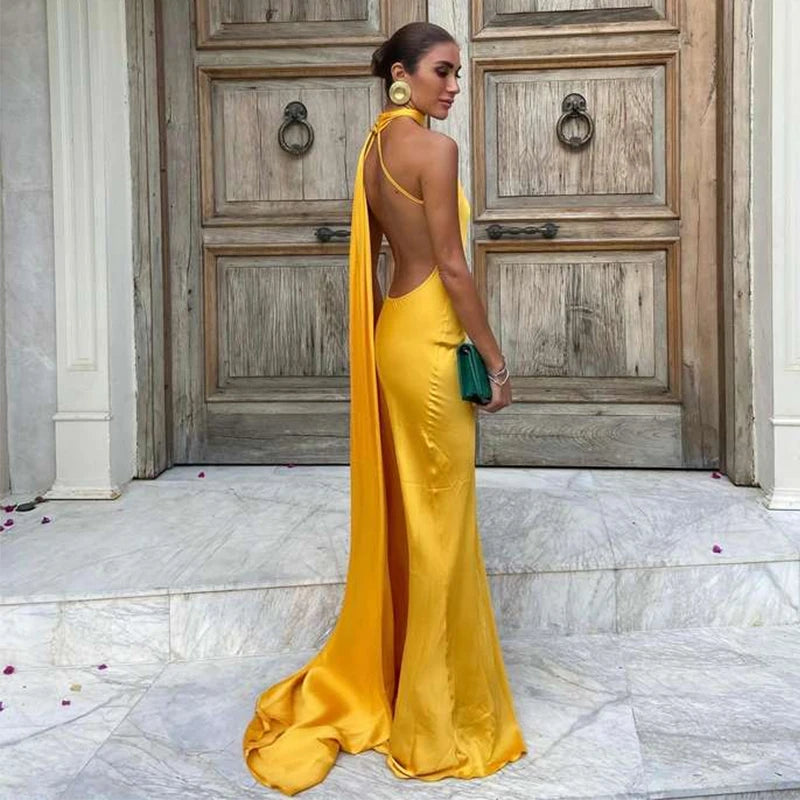 Abito Lungo Sexy Senza Maniche con Nastro, Elegante Vestito da Donna Slim in Raso con Schiena Scoperta e Lacci, Abito da Festa alla Moda 2026, Tinta Unita, per Vacanze, da Donna