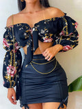 Summer Sexy Skirts Two Piece Set Women Chic Slash Collar Lantern Sleeves Crop Top & Solid Pattern Shirring Bodycon Dress Sets