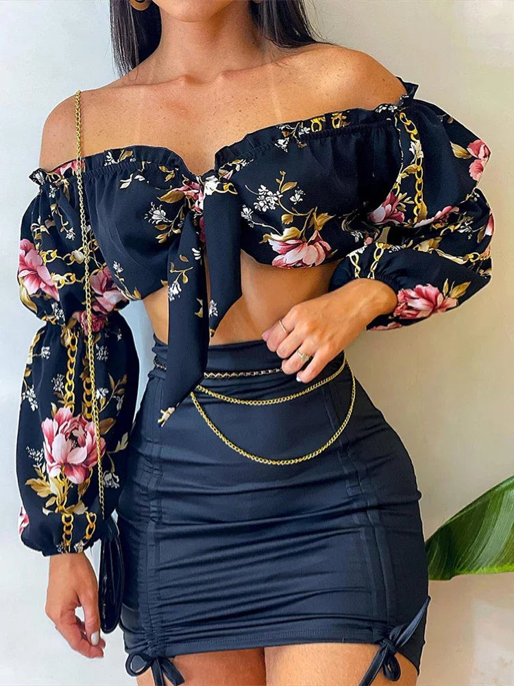 Ensemble deux pièces sexy d'été avec jupe pour femme, haut court chic à col slash et manches lanternes et ensemble robe moulante froncée à motif uni
