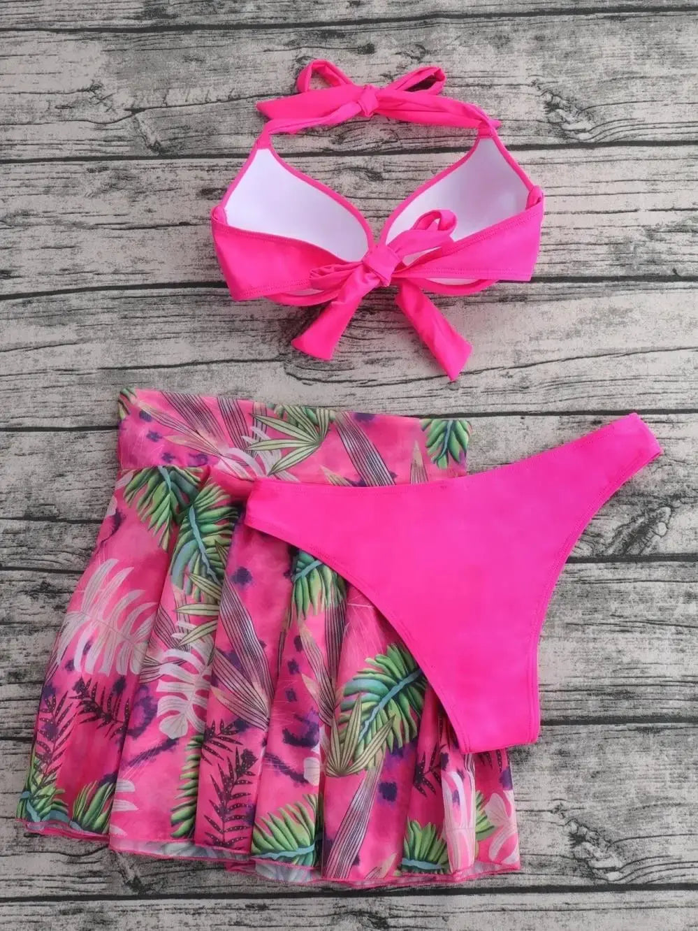 Costume da bagno tropicale a 3 pezzi con bikini halter push-up e camicia da spiaggia, per donna, collezione 2026