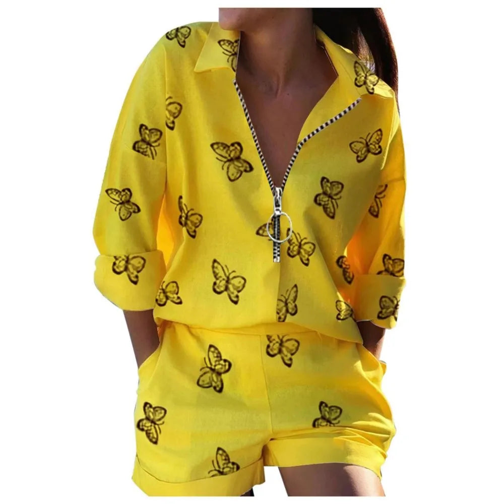 Camicie con stampa di lettere da donna estive Set da due pezzi Casual Collo rovesciato Manica lunga Camicette con cerniera Pantaloncini Abiti larghi Streetwear