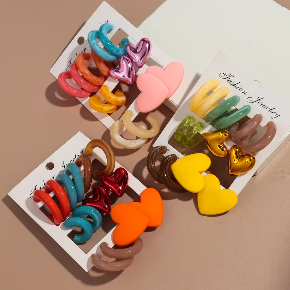 Boucles d'oreilles géométriques en acrylique pour femmes, 7 paires, colorées, cercles en résine, clous d'oreilles en forme de cœur, ensemble de bijoux, cadeaux d'anniversaire
