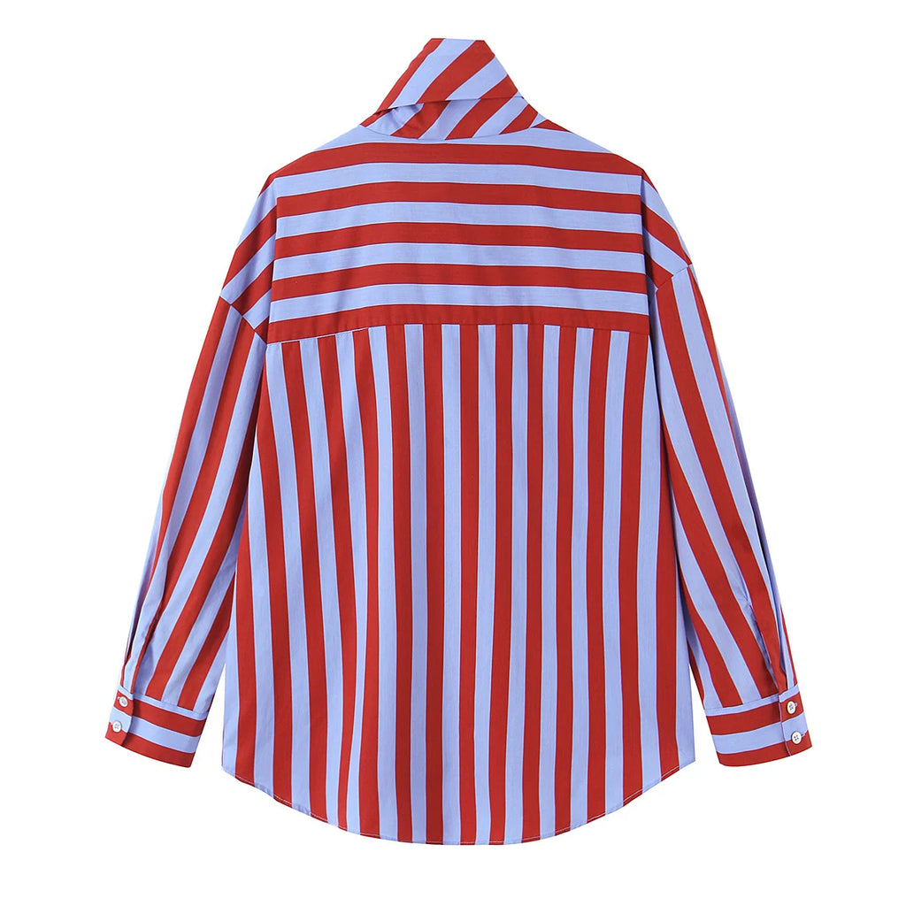 KONDALA Camicia Vintage a Righe con Fiocco da Donna, Casual, Asimmetrica, Moda Primavera 2026, Camicia Monopetto, Streetwear Chic Femminile