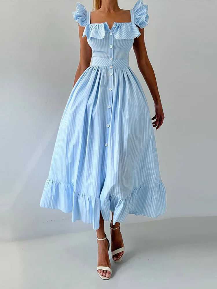 BKQU Abito lungo elegante con maniche volanti a righe con volant Abito lungo da donna chic con colletto quadrato sottile monopetto Abito lungo da festa estivo femminile